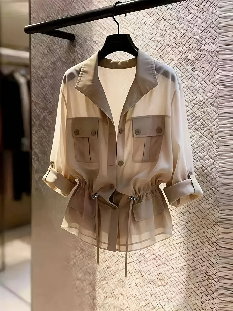 Drawstring Waist Chiffon Shirt, Lapel Collar with Cargo Pockets - Khaki