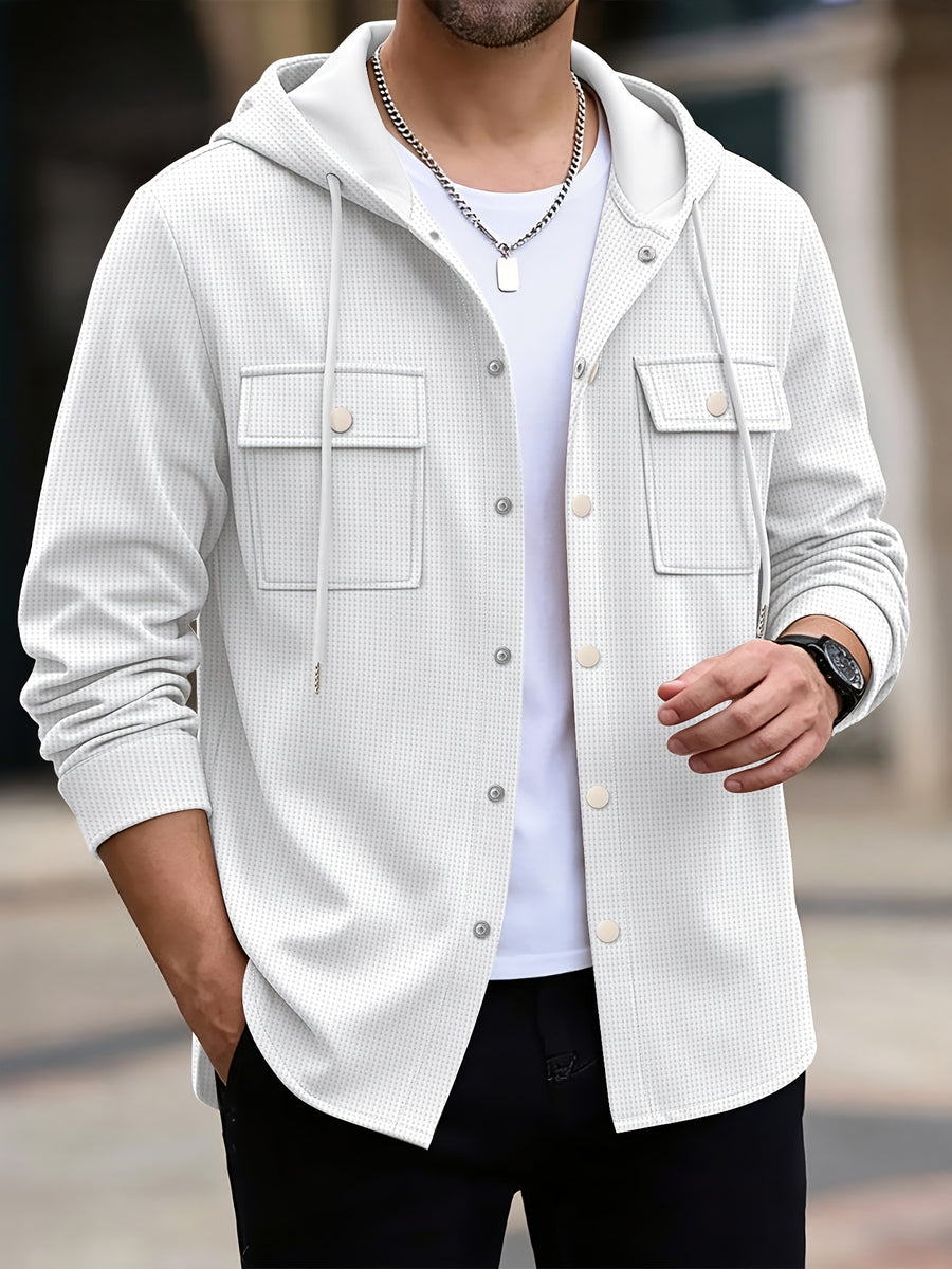 Men'S Waffle Knit Hooded Shirt Jacket Button- Long Sleeve Casual Shacket with Drawstring Hood And Flap Pockets, Loose Fit Lightweight Outerwear for Daily Wear - White