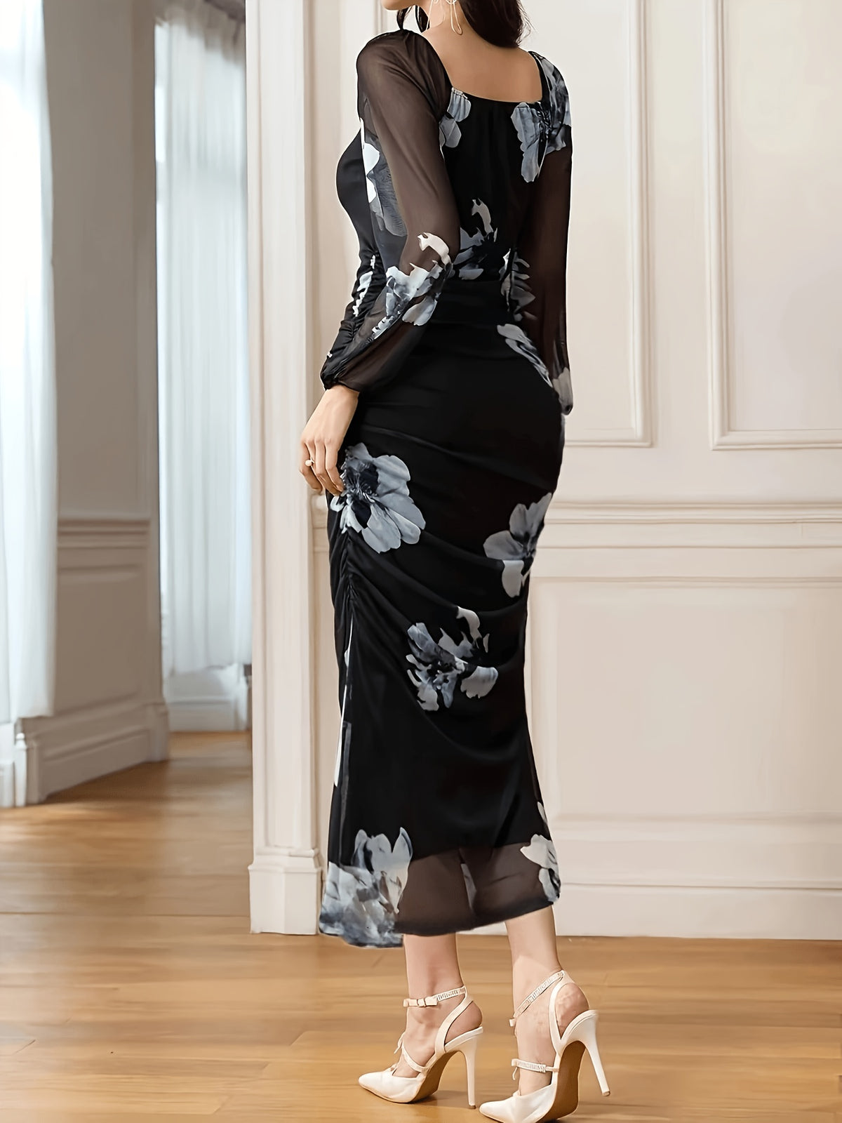 2026 Spring/Autumn Ink Blue Floral Square Neck Mesh Patchwork Long Sleeve Ruched Bodycon Midi Dress Women'S Banquet Vacation Printed Dress - Black