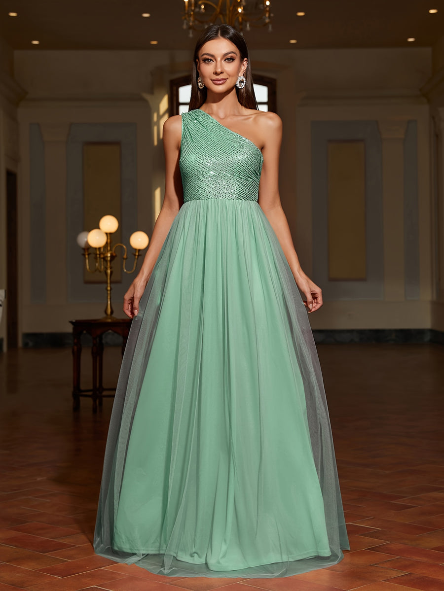 One-shoulder Sequin Patchwork Mesh Dress, Family Gathering Birthday Party Dress, Elegant and Fashionable Dress, Women's Long Dress, Party Dress, New Style, Women's Evening Gown, Host Performance Dress, Bridesmaid Dress, Prom Evening Gown - Pink Greenish