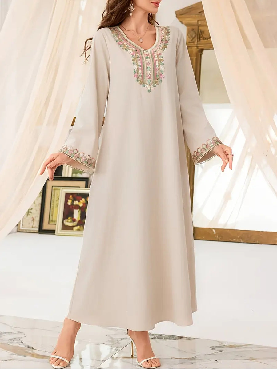 Casual Long-Sleeve Dress with Lace Collar And Cuffs in Solid Color, Designed for Women in The Middle Eastern Style - Khaki