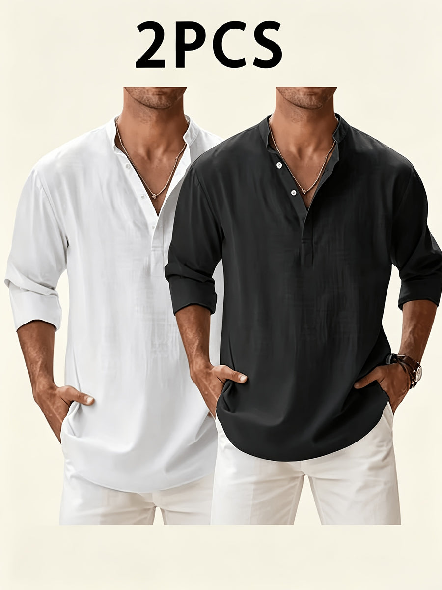 Men'S Solid Color Stand Collar Linen Long Sleeve (2-Pc), Breathable And Comfortable, Suitable for Spring And Autumn Wear - Light White+Black Color