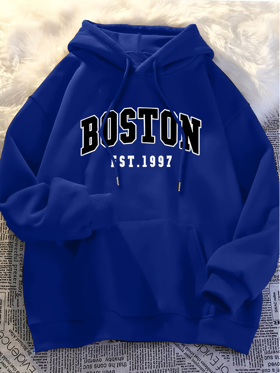 Minimalist Style Boston Letter Print Men'S Hooded Sweatshirt Regular Fit, Casual Long Sleeve Pullover - Blue