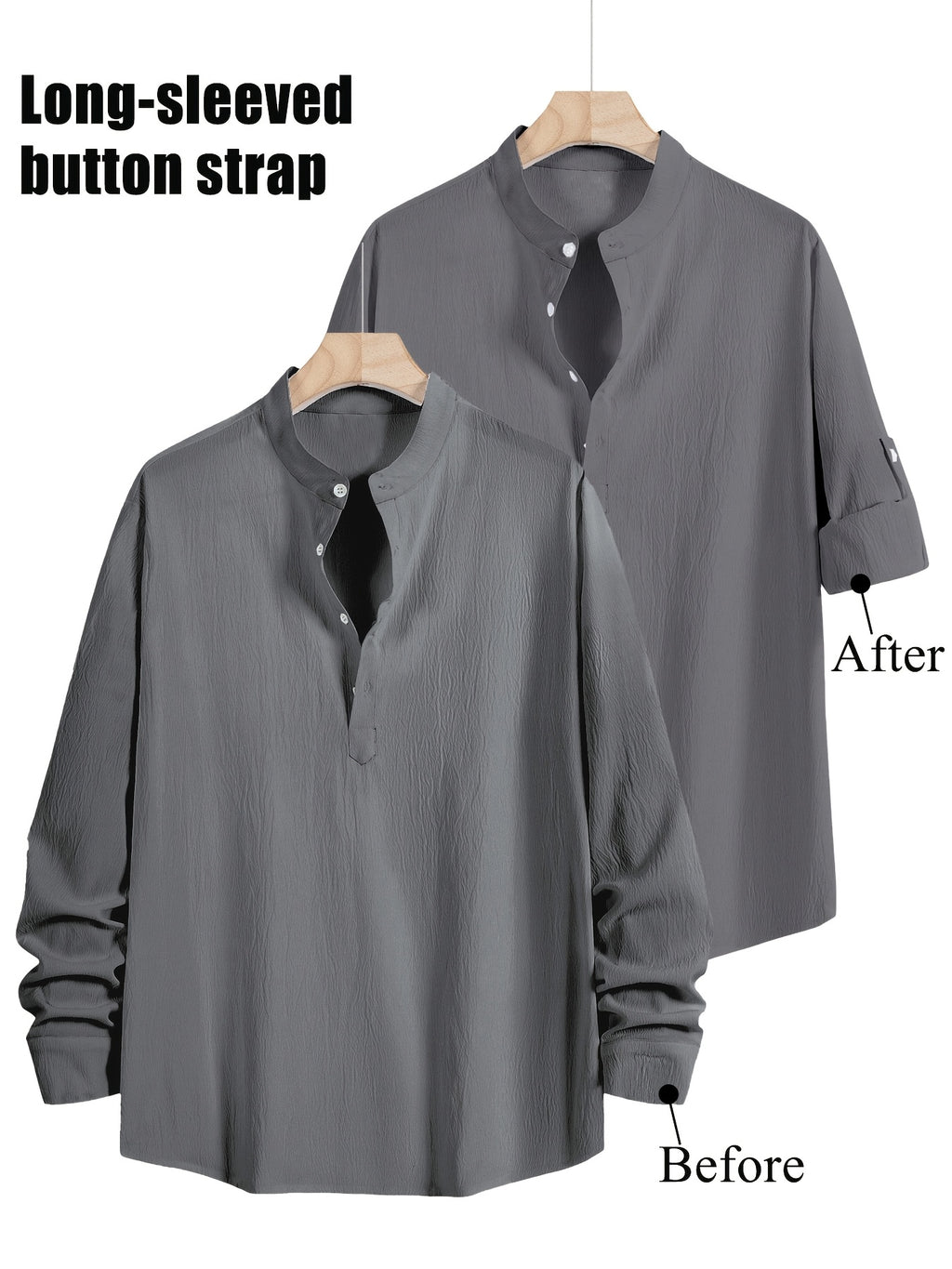 3pcs Men's Textured Slim-Fit Vacation Shirts - Long Sleeve & Short Sleeve Multi-pc, Stand Collar Button- Cuff Shirt Convertible to Short Sleeve, Breathable All-Season Hawaiian Casual Shirt Lightweight, Fashionable Minimalist for Beach Travel Vacation - Black+Navy+Dark Gray