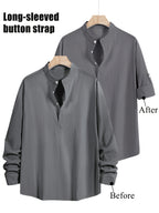 3pcs Men's Textured Slim-Fit Vacation Shirts - Long Sleeve & Short Sleeve Multi-pc, Stand Collar Button- Cuff Shirt Convertible to Short Sleeve, Breathable All-Season Hawaiian Casual Shirt Lightweight, Fashionable Minimalist for Beach Travel Vacation - Black+Navy+Dark Gray