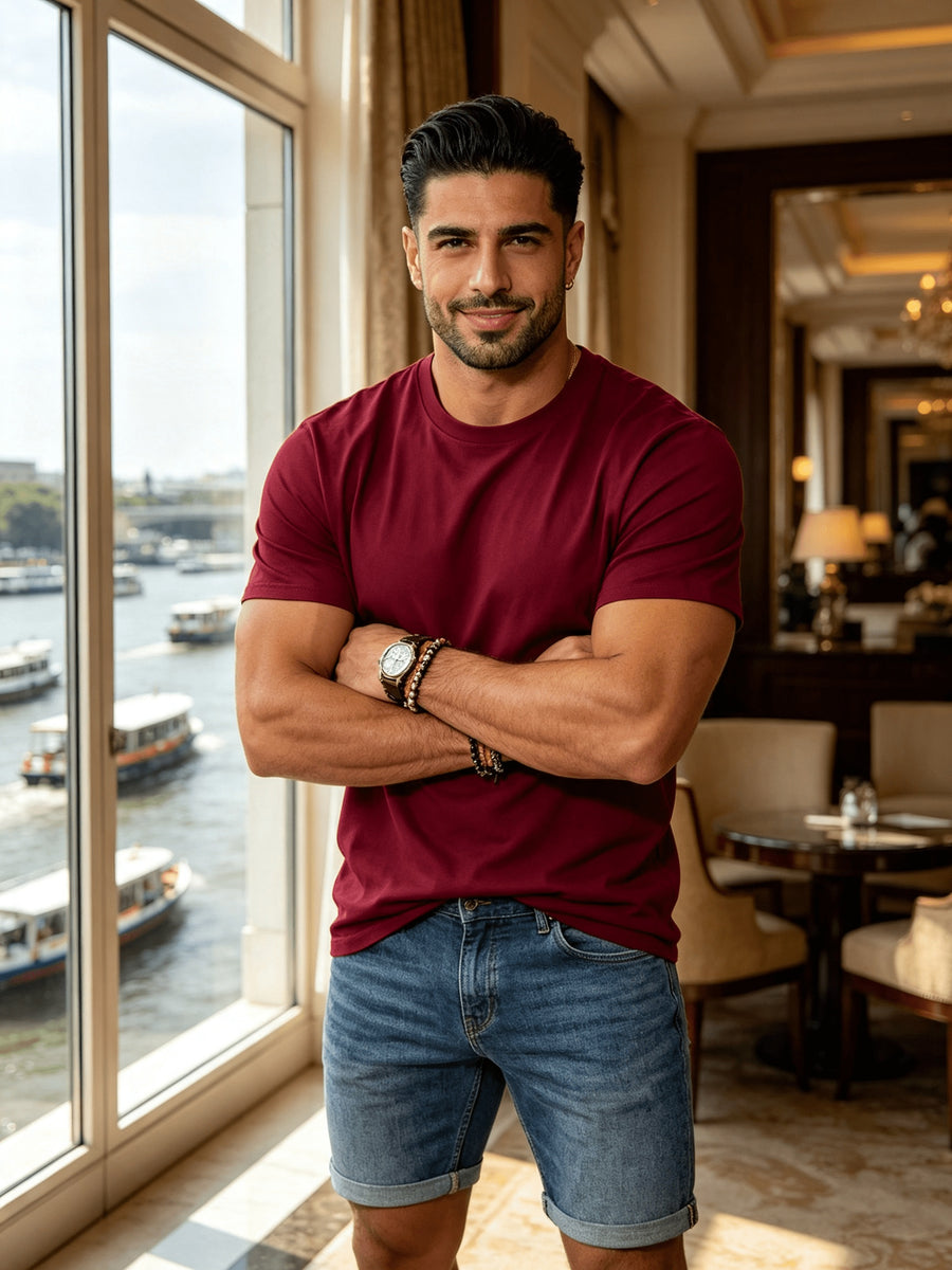 Men's Spring/Summer Solid Color T-Shirt, Short-Sleeve Top, Casual and Breathable, Suitable for Commuting and Outings, Fashionable, Trendy, Simple, and Versatile, a Casual Essential - Burgundy