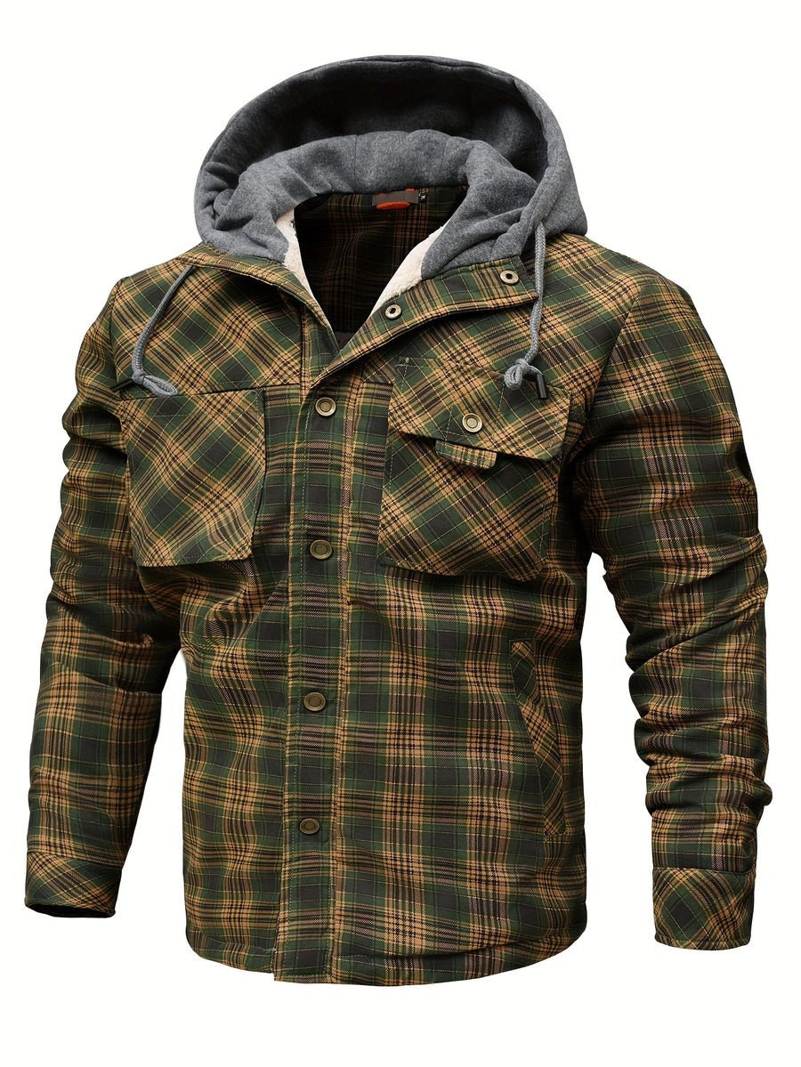 Men' S Warm Sherpa Lined Plaid Flannel Jacket Hoodie- Winter Thick Fleece Cozy Checkered Shirt Coat with Hood - Army Green