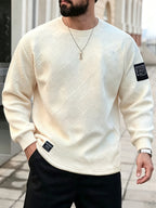 Autumn Winter New Men'S Round Neck Sweatshirt, Fashion Jacquard Long Sleeve Sports Top, Versatile Casual Top - Apricot