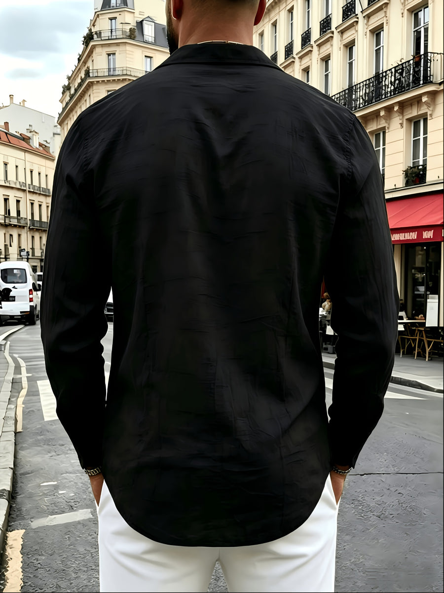 Men'S Linen Blend Long Sleeve Collared Button-Up Shirt, Casual Textured Wrinkle-Resistant Summer Top, Single Pocket Design with Adjustable Cuffs, Loose Fit Lightweight Breathable Beach Linen Shirt, V-Neck Relaxed Casual Shirt, Suitable for Vacation - Black
