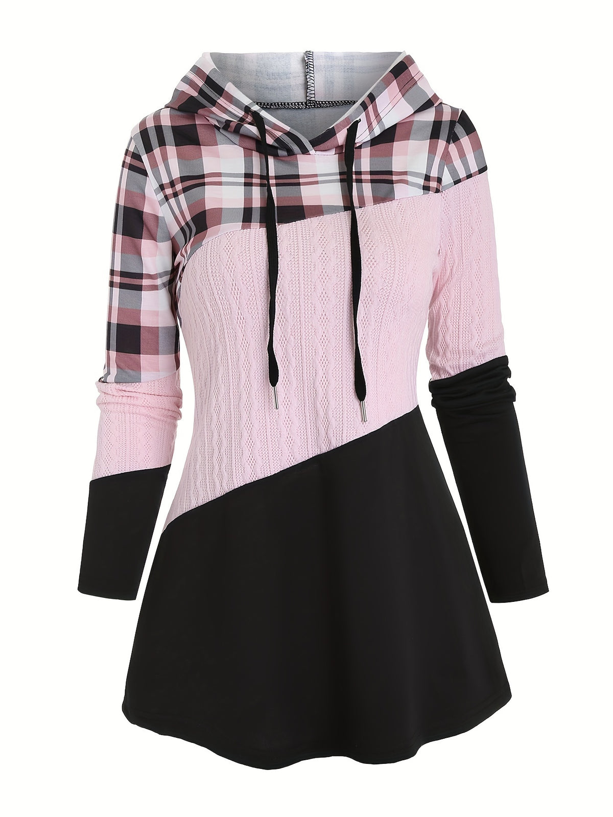 Women's Plaid Patchwork Hooded Long Sleeve Drawstring Pullover Casual Fashion Hoodie - Pink Color