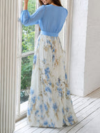 New All-Season Women's Bohemian Style Digital Print Long Sleeve Deep V-Neck Dress, European and American Spring/Autumn Long Dress with Tie-Up A-Line Hem, Holiday Party and Travel Dress, Women's Bridesmaid Dress, Casual and Fashionable Long Dress - Sky Blue