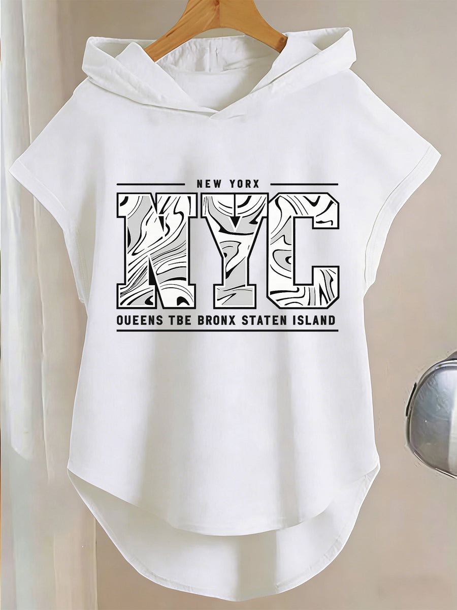 Y Style Hooded T-Shirt, Y2K Style Sleeveless Hooded T-Shirt, Lightweight Curved Hem T-Shirt Suitable for Casual Daily Wear - White
