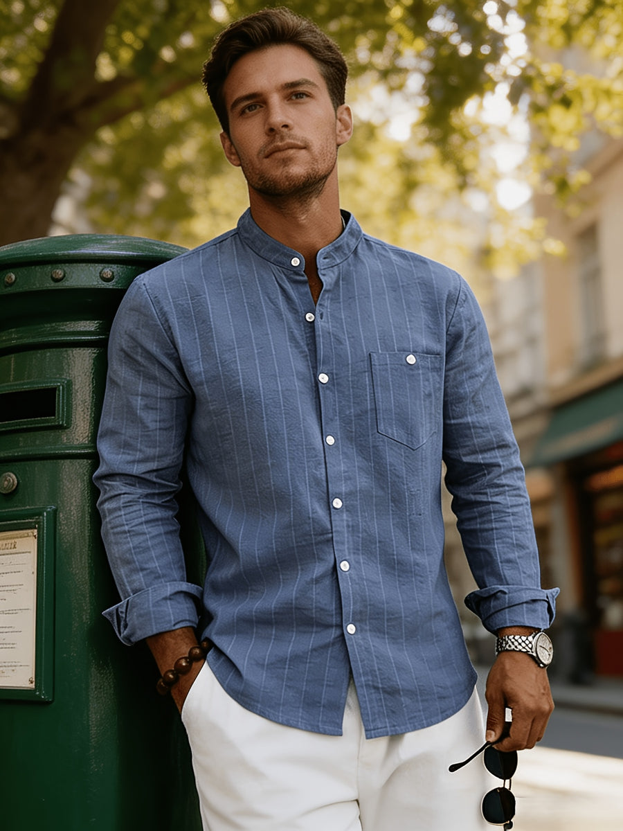 Men's Linen Long-Sleeve Striped Shirt for Spring, Autumn, and Summer, Suitable for Casual, Commuting, and Outings - Navy blue color