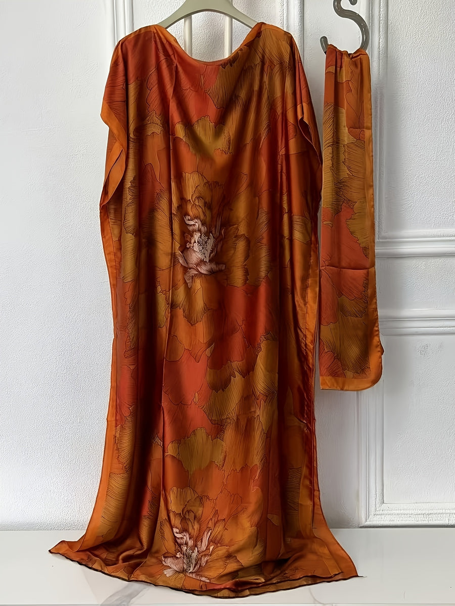 WINYI Print Boat Neck Abaya, Elegant Short Batwing Sleeve Loose Dress for Women's Clothing - Coral