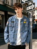 Embroidered Badge Denim Jacket Men'S Slim Fit Denim Jacket Spring And Autumn New 2026 Autumn And Winter Fashion Street Trend Casual Versatile Denim Jacket - Vintage Blue
