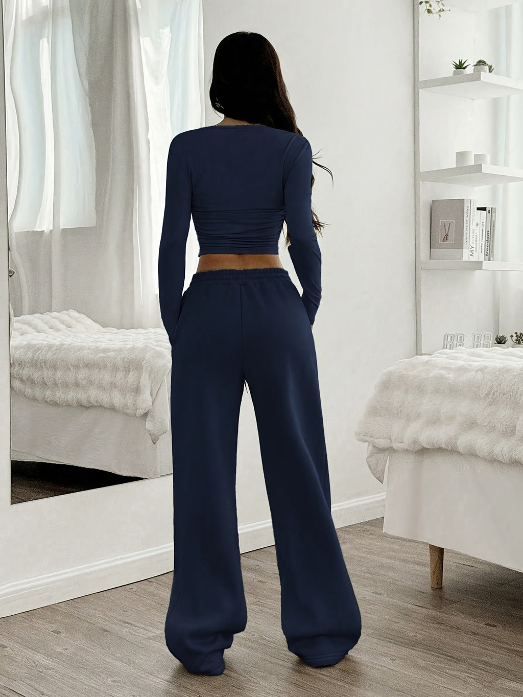 2pcs Women's Casual Solid Color Ruched Round Neck Crop T-Shirt and Wide Leg Drawstring Waist Pants Set - Blue Navy