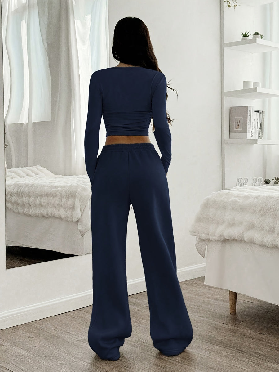 2pcs Women's Casual Solid Color Ruched Round Neck Crop T-Shirt and Wide Leg Drawstring Waist Pants Set - Blue Navy