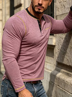 Autumn Casual Men'S Fashion Long Sleeve Henley Shirt T-Shirt Men'S Base Layer Shirt Round Neck Top - Burgundy