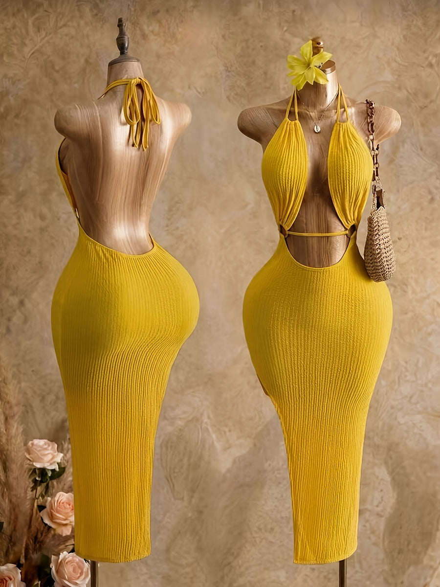 New Summer Women'S New Collection Halter Neck Backless Design Long Dress, Vacation Wear, Women, 2026 Fashion, Clothing, Slim Fit Suitable for Beach Vacations, Summer Vacation Wear, Holiday Clothing - Bright Yellow