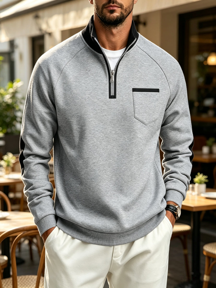 Men's Quarter Zip Stand Collar Sweatshirt, Heavyweight Color Block Pullover with Elbow Patches, Raglan Long Sleeve Tops with Chest Pocket, Lined Loose Casual Commute Outerwear, Autumn Winter Versatile Plus Size Men Clothing Multiple Colors& S - Light Grey