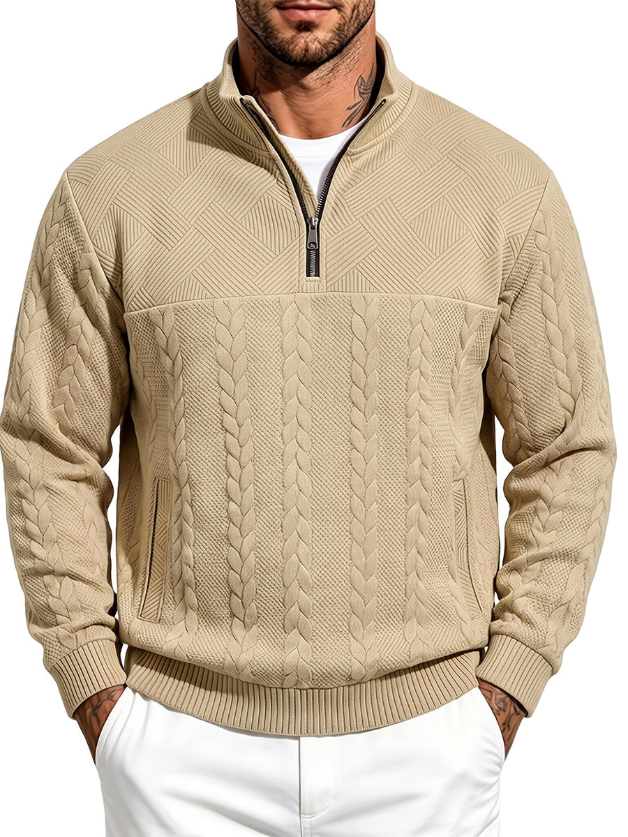 Whale Crossing OBM Men's Spring, Autumn, Winter Classic Fashion Italian Milanese Label Knitted Cable Knit Stand Collar Sweatshirt - Khaki
