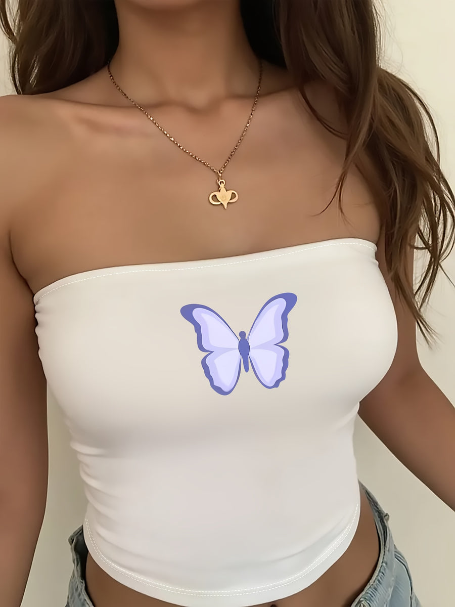 Y2K Women'S Butterfly Print Strapless Top, a Casual Short Shirt Suitable for Spring And Summer Wear, Stylish And Versatile with a Vintage Flair - White 1