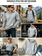 Men's Three-Panel Hooded Sweatshirt with Forest Scenery Patchwork Line Art Print, European and American Outdoor Style Casual Sweatshirt - Light Grey