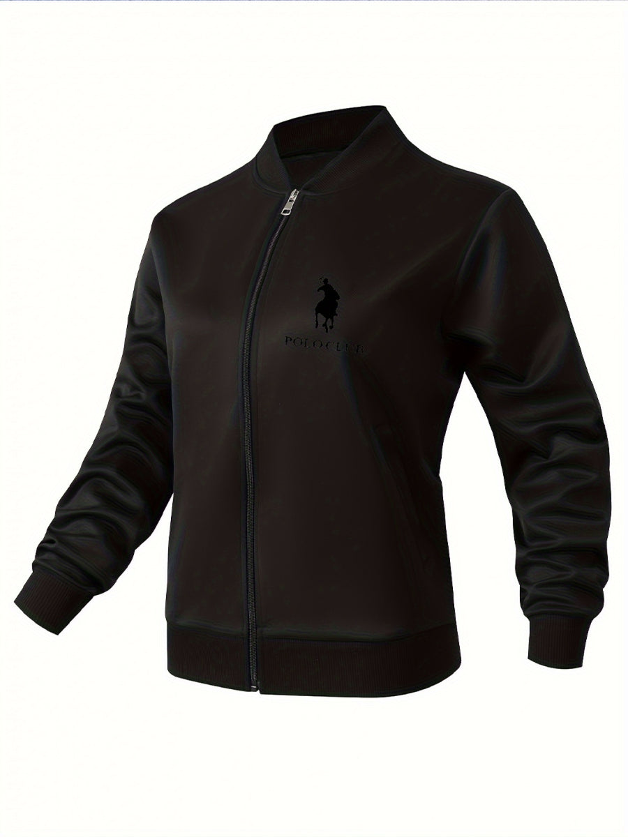 2025 Women's New Casual Sport Jacket, Popular Print Design with Double Print on Front and Back, Baseball Collar, Pockets, Comfortable Breathable Stretch Fabric, Fitted Hem and Cuffs - Black