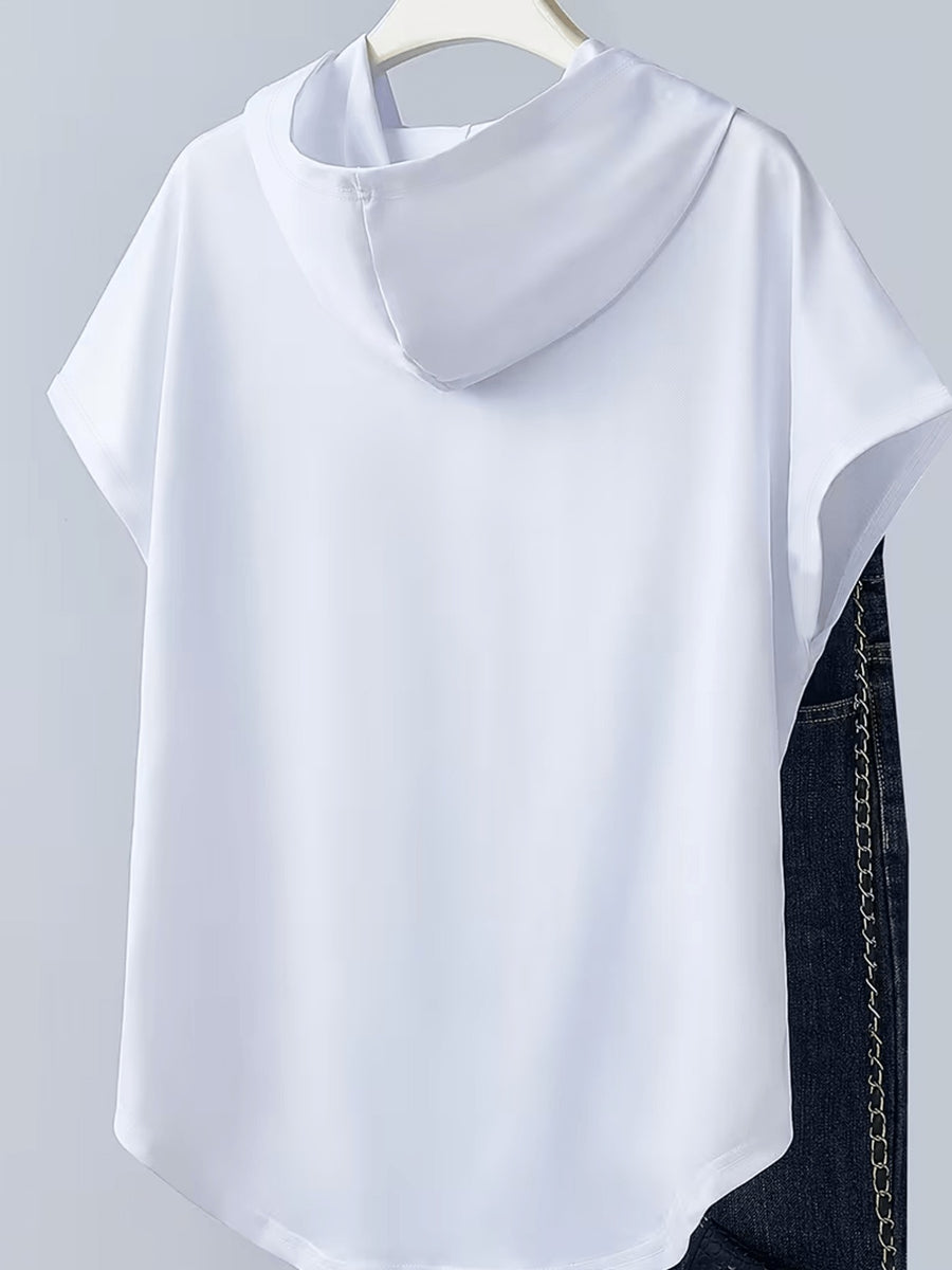 1pc Women's Y2K Hooded Short Sleeve T-Shirt - Soft Loose Fit Blouse Top with Hood, Machine Washable Suitable for Gym, Casual & Casual Attire, - Layering Piece, Non- Basic Wardrobe Essential - White