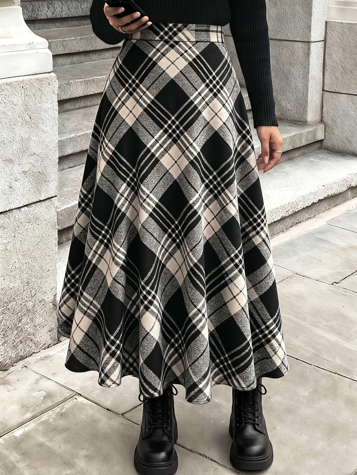Elegant Plaid A-Line Skirt | Long Length, Flared Hem, Loose Fit For Women, Suitable For Spring/Fall Season - Khaki Black