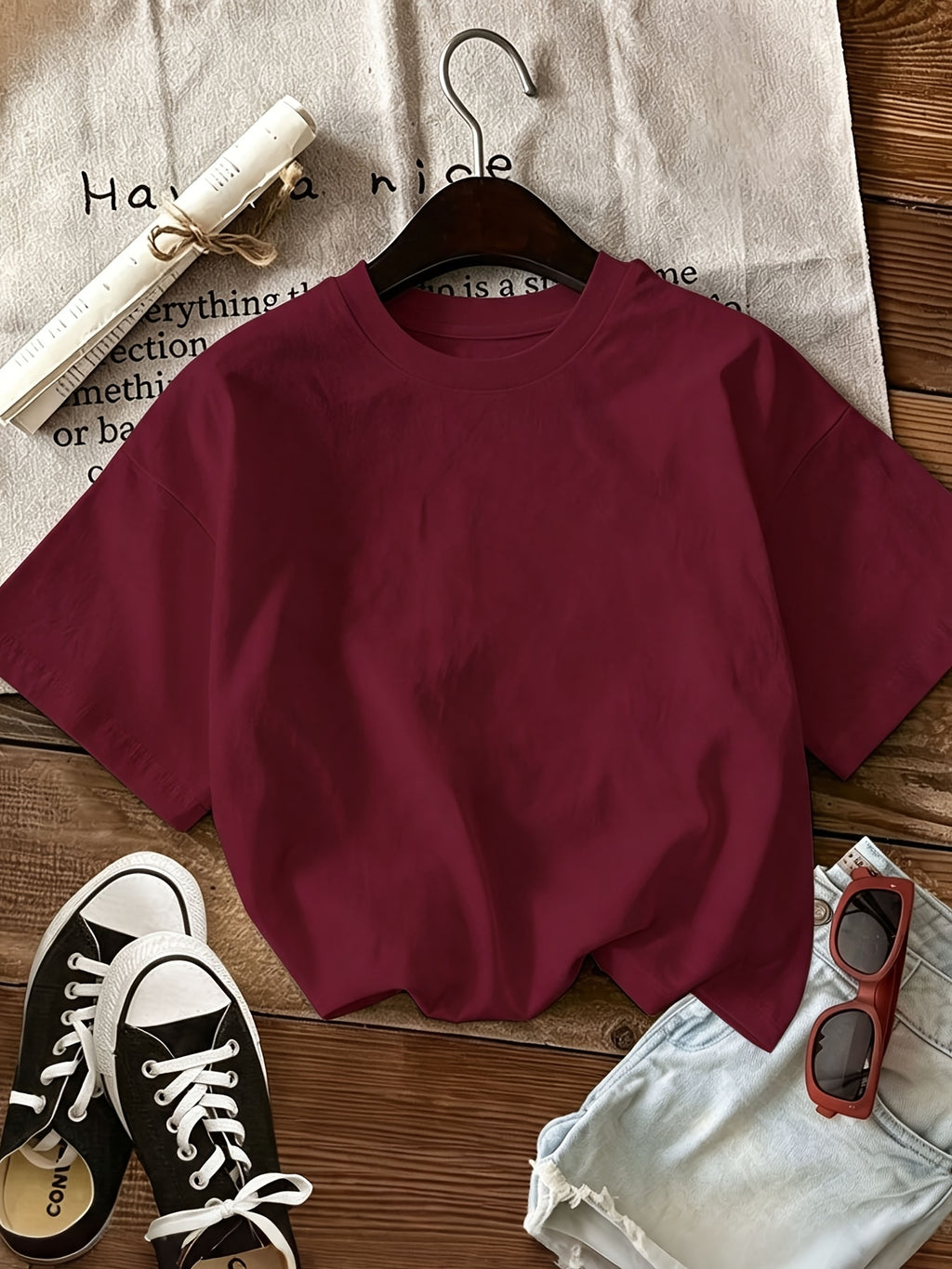 Letter Print Short Sleeve Round Neck Athletic T-Shirt Women'S Top - Burgundy