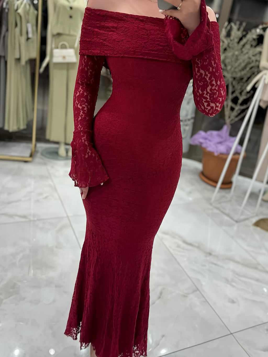 Wine Red Lace Double-layer Strapless, Cinched Waist, Tight and Hip-hugging Dress, Long Dress, Elegant, Fashionable, Sexy, Simple and Grand, Party, Gathering, Daily Vacation, Wedding, 1pc Evening Dress, Autumn, Ladies' Ins, Christmas Holiday - Burgundy