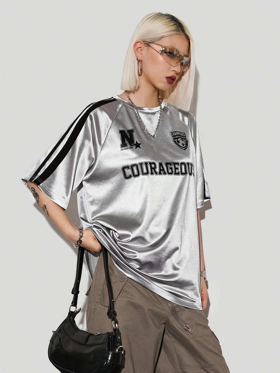 Coolane Women's Summer Loose-Fit Printed Sports Jersey T-Shirt, Metallic Silvery, Suitable for Music Festivals and Sports Occasions - Silvery Grey