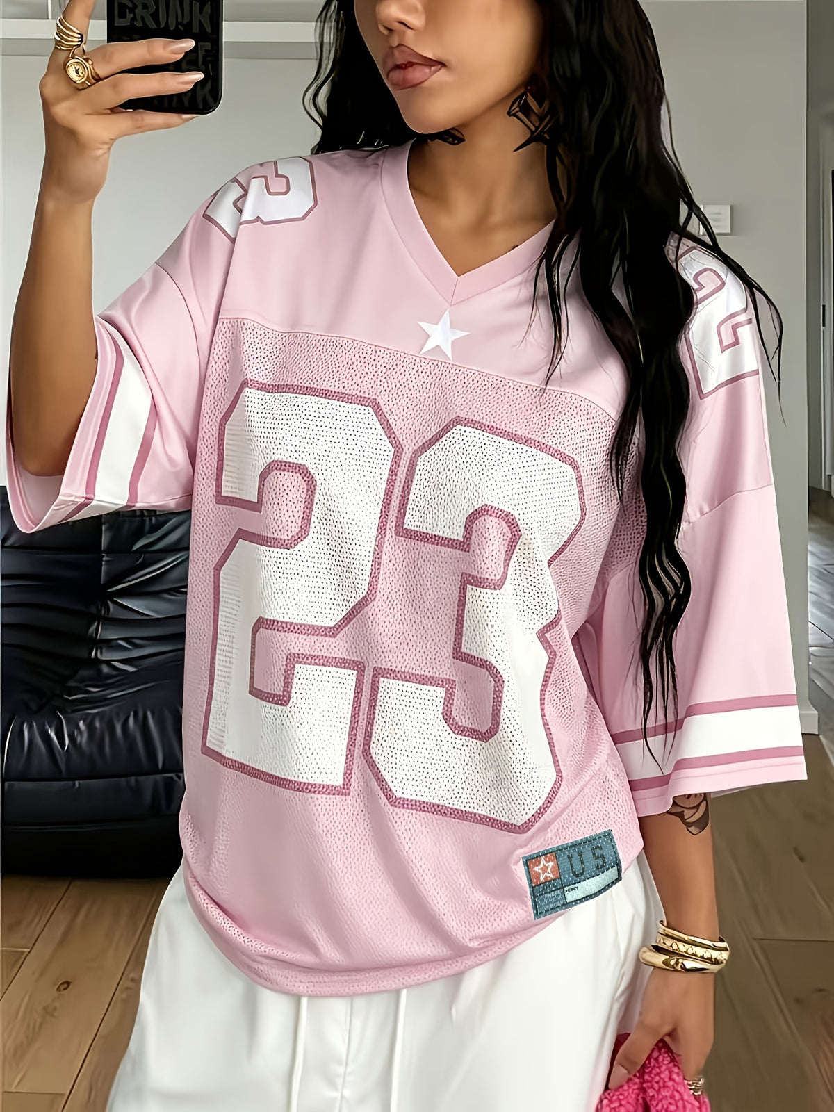 Women'S Number Print Short Sleeve Ladies' Athletic Jersey V-Neck Short Sleeve T-Shirt Breathable - Pink Color