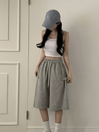2026 Spring/Summer New Korean Style Women's High-Waist Drawstring Wide-Leg Versatile Casual Cropped Jogger Shorts in Gray - Grey