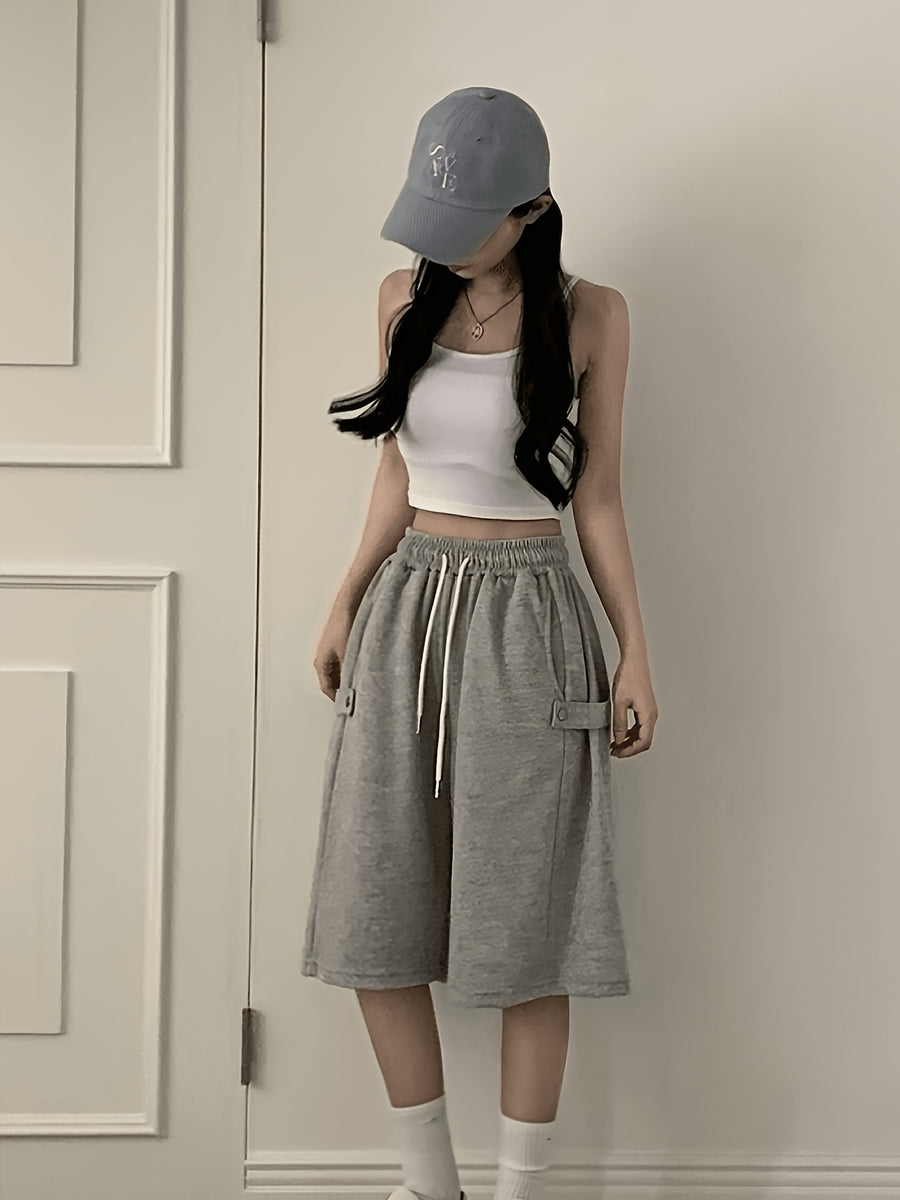 2026 Spring/Summer New Korean Style Women's High-Waist Drawstring Wide-Leg Versatile Casual Cropped Jogger Shorts in Gray - Grey