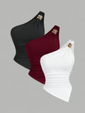 3pcs Set, Women's Solid Color Minimalist Asymmetrical Collar Metal Clasp Off-shoulder Top - Black+wine Red+white