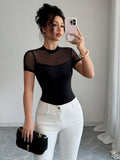Women's Elegant Sheer Mesh Patchwork T-Shirt - Solid Color Round Neck Short Sleeve Blouse-Compatible Top | Spring Summer Breathable Mesh Panel Shirt Suitable for Layering, Machine Washable Casual & Dressy Wear - Black