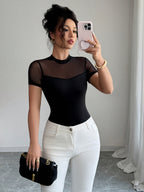Women's Elegant Sheer Mesh Patchwork T-Shirt - Solid Color Round Neck Short Sleeve Blouse-Compatible Top | Spring Summer Breathable Mesh Panel Shirt Suitable for Layering, Machine Washable Casual & Dressy Wear - Black