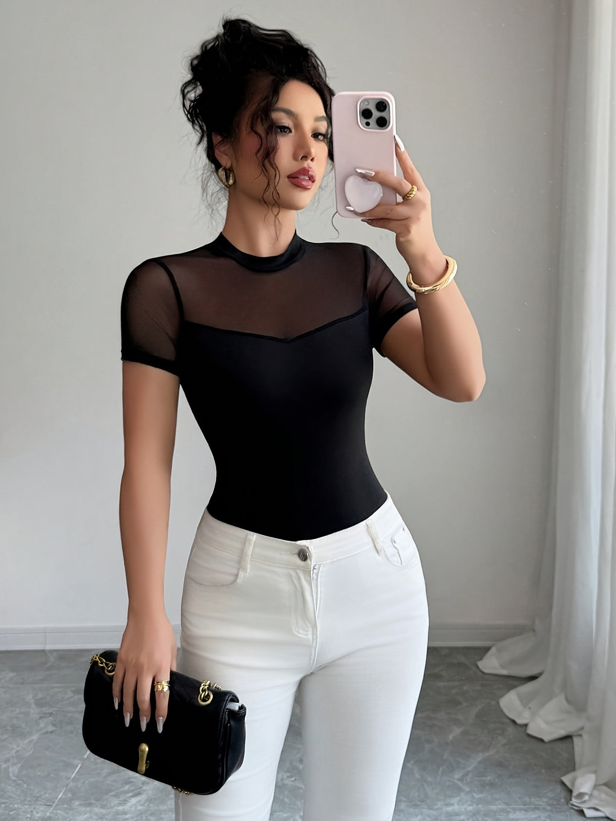 Women's Elegant Sheer Mesh Patchwork T-Shirt - Solid Color Round Neck Short Sleeve Blouse-Compatible Top | Spring Summer Breathable Mesh Panel Shirt Suitable for Layering, Machine Washable Casual & Dressy Wear - Black