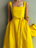 Simple Style Sleeveless Waist-Cinching Dress for Women, Summer Maxi Flared Bridesmaid Dress Gown - Yellow