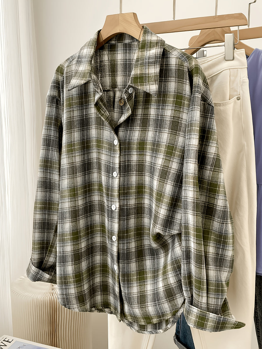 Women'S Shirt Multicolor Brushed Checkered Shirt Loose Top - Army Green