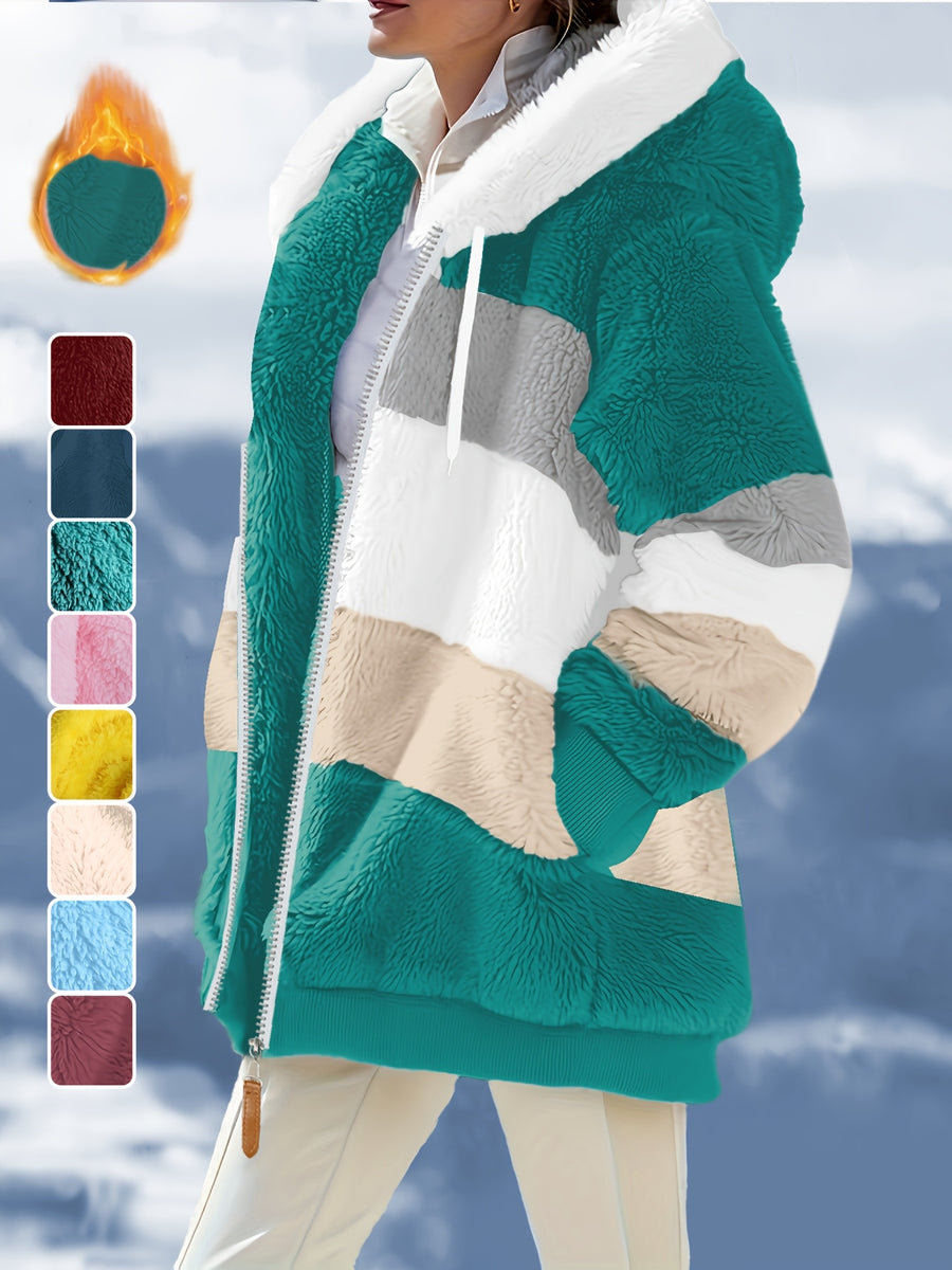 Women'S Warm Fleece Color Block Hooded Jacket Zip Up Chunky Plush Coat with Pockets Casual Loose Fit Winter Outerwear Soft Fluffy Jacket Multiple Colors Available - Green