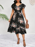 Women's Floral Print Ruffle Hem Belted Midi Dress, Casual Elegant Party & Office Dress for All Seasons/Birthday & Event Dresses/Festival Dresses, Bohemian Style Sun Dress - Multicolor