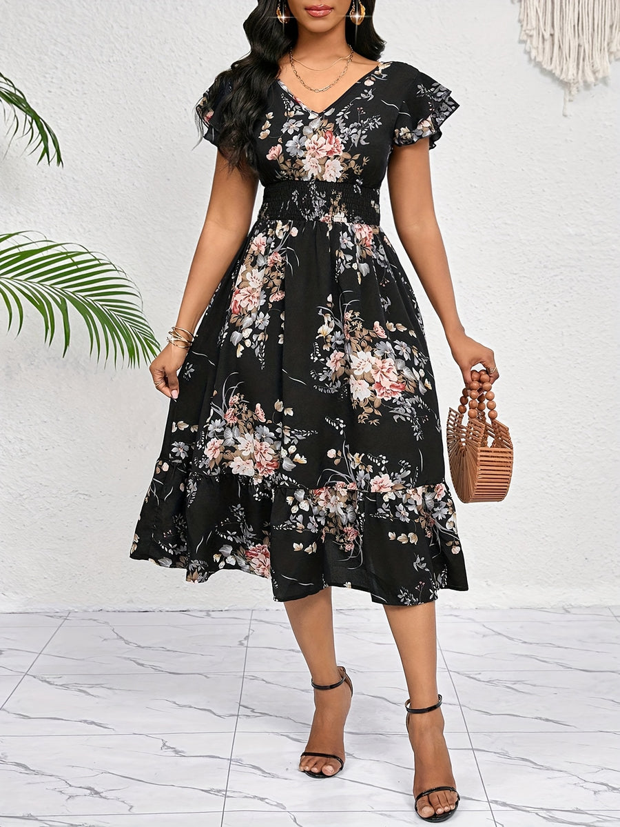 Women's Floral Print Ruffle Hem Belted Midi Dress, Casual Elegant Party & Office Dress for All Seasons/Birthday & Event Dresses/Festival Dresses, Bohemian Style Sun Dress - Multicolor