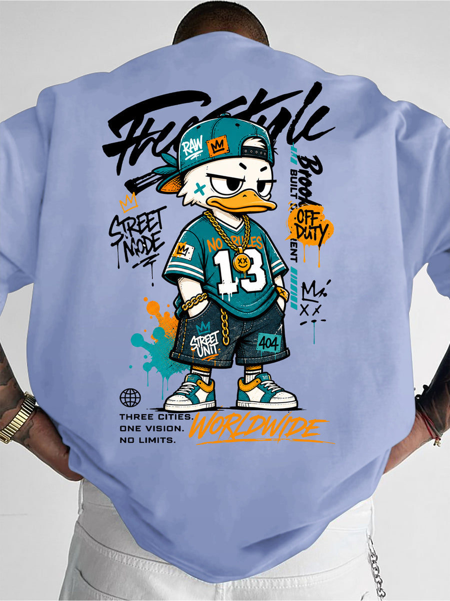 Printed Design, Non-textured, European and American Casual Style Men's Leisure T-shirt with Duck Image, Layered with Street Font Graphics, for Daily Commuting and Casual Wear - Mix color 5