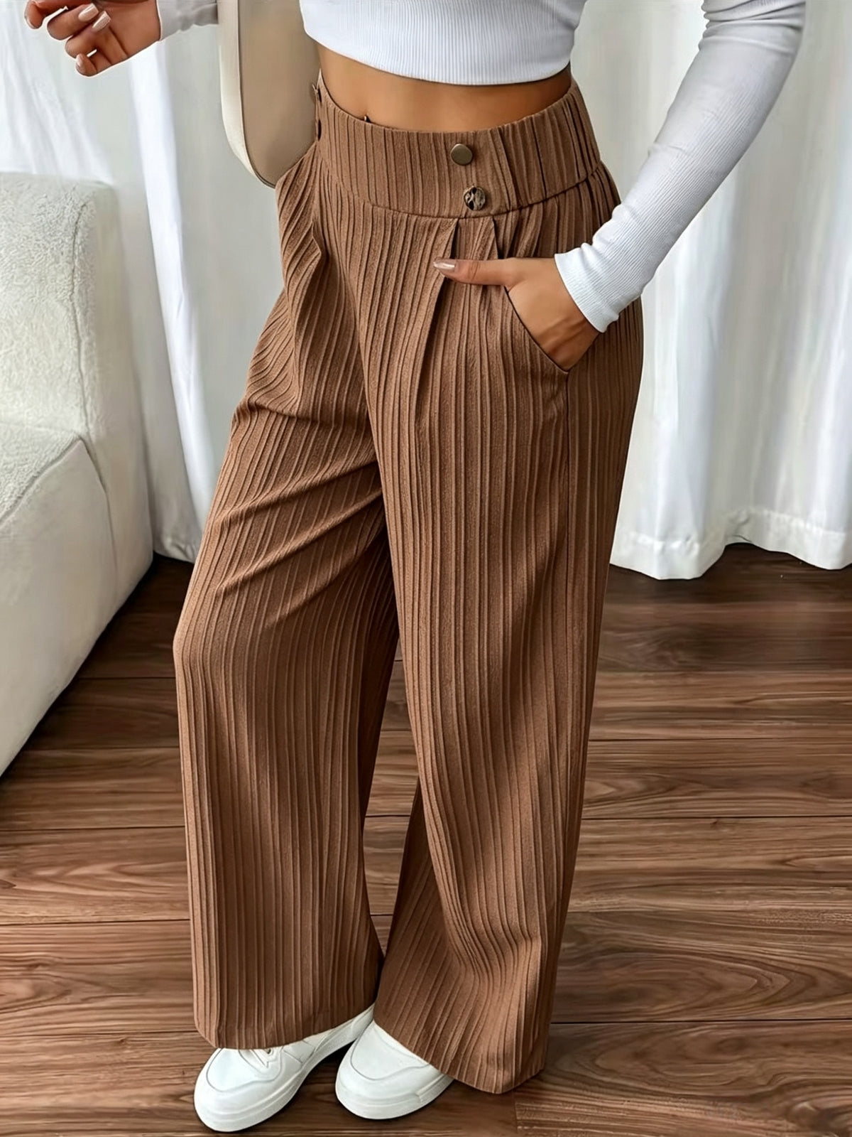 Women's Elegant Wide-Leg Pants with Textured Fabric - Machine Washable All-Season Trousers for Casual & Formal Wear - Coffee Color