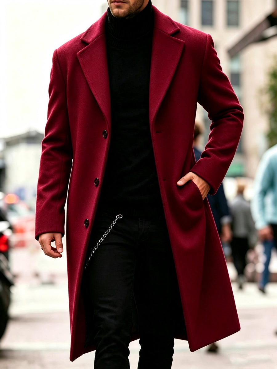 Men's Long Tweed Overcoat, European and American Style Suit Lapel Single-Breasted Slim Fit Blend Coat, Autumn/Winter Windproof and Warm Business Men's Wear, Multiple Colors Available, 100% Polyester - Deep Red