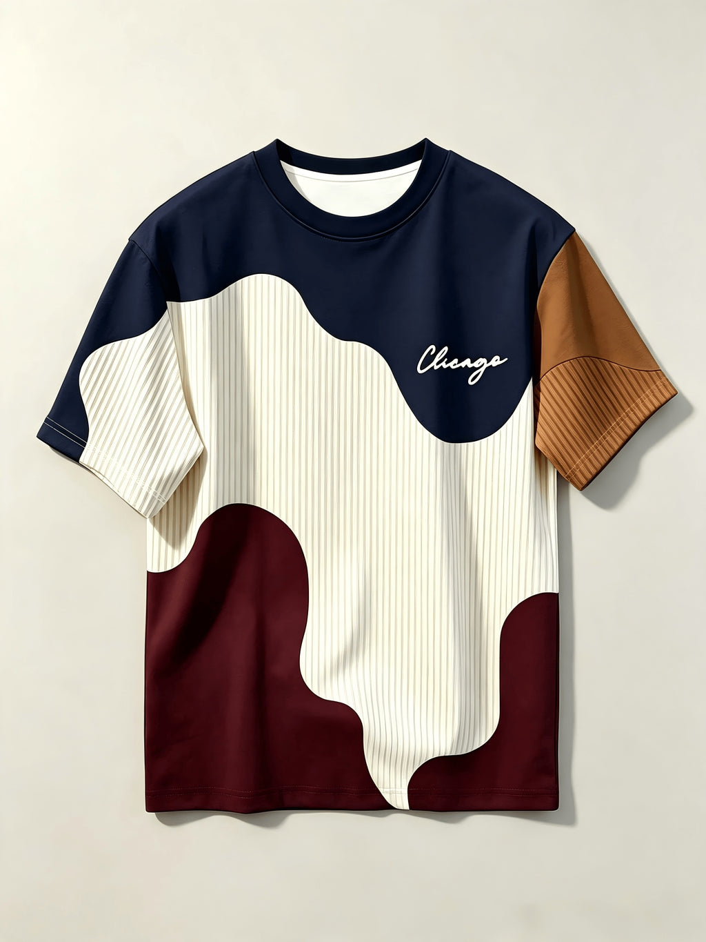 Men'S Casual Round Neck T-Shirt, Geometric Pattern Patchwork Striped Design, Chicago Word Pattern, Drapey Fashion Top, All-Season Wear, Breathable Regular Fit for Casual And Formal Outfits - Round Neck Casual Top - Mixed colors