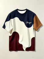 Men'S Casual Round Neck T-Shirt, Geometric Pattern Patchwork Striped Design, Chicago Word Pattern, Drapey Fashion Top, All-Season Wear, Breathable Regular Fit for Casual And Formal Outfits - Round Neck Casual Top - Mixed colors